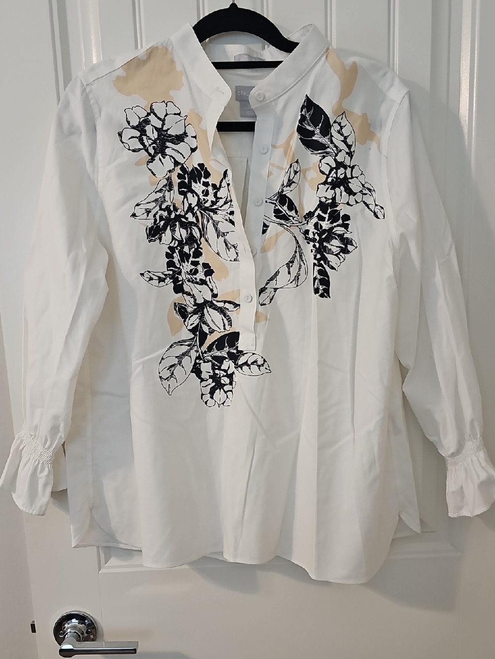 Chico's White Button-Down Top with Black Floral Print and Cream Accents
